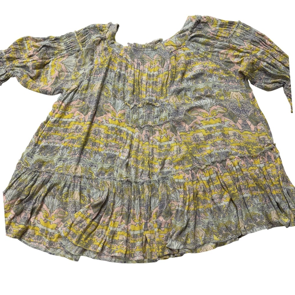 Free‎ People Elephant Print Smocked Tunic Top Yellow Pink Bohemian Size S